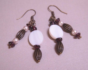 SALE - Garnets, Pearls, and Brass Earrings (E-277)