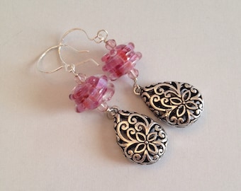Silver Filigree Teardrops and Pink Lampwork Glass on Silver-Filled Ear Hooks (E-447)