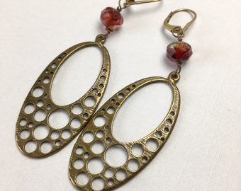 Antique Brass Oval Drop Earrings with Czech Glass Beads (E-592)