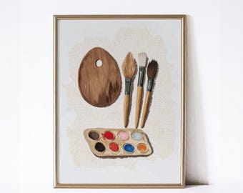 Artist Palette Brushes, PRINTABLE Art Student Dorm Studio Decor, Watercolor Illustration Digital Print, Craft Room Wall Art, Painter Gift