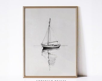 Minimalist Sailboat Sketch: Modern Black and White Nautical Art Print (Digital Download)