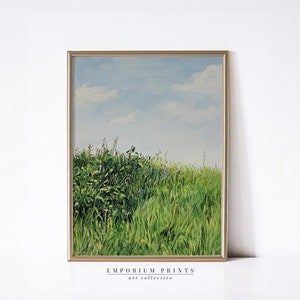 Üppige grüne Wiese unter blauem Himmel | Art Printable Natur Wand Kunst | Minimalistische Landschaftsdekoration für rustikale oder moderne Häuser