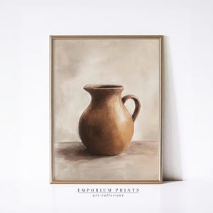 Rustykalny gliniany dzbanek, martwa natura: sztuka ścienna z ceramiki vintage (pobranie cyfrowe)