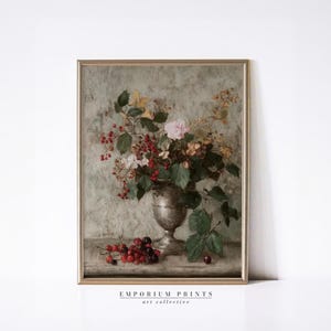 Vintage Floral Still Life Painting Print | Rustic Roses Berry Wall Art | Romantic Cottagecore Farmhouse Artwork | Shabby Chic PRINTABLE