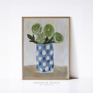 Green Flowers in Blue Polka Dot Vase | PRINTABLE Minimalist Floral Still Life Art | Modern Digital Wall Decor for Cozy Homes