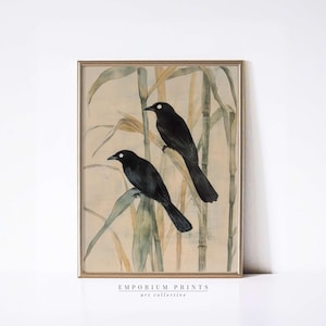 Black Bird Wall Art, Crow and Cornfield Print, Vintage Bird Illustration, Naturalist Animal Artwork, PRINTABLE Home Decor