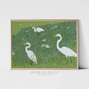 White Heron Bird Art Print | Modern Coastal Wall Decor | Tropical Wildlife Painting | Minimalist Nature Artwork Egret Illustration PRINTABLE