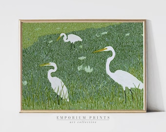 Impresión artística de garza blanca / Decoración de pared costera moderna / Pintura de vida silvestre tropical / Ilustración de garceta minimalista para imprimir