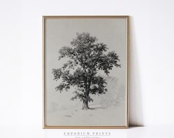ヴィンテージオークツリースケッチ、植物樹木プリント、ミニマリスト自然画、印刷可能なウォールアート、インクフォレストエッチング（デジタルダウンロード）