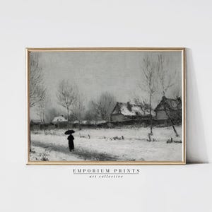 Winter Farmhouse Landscape Print | Rustic Snow Scene Wall Art | Vintage Country Painting | Primitive Winter Artwork | Seasonal Decor