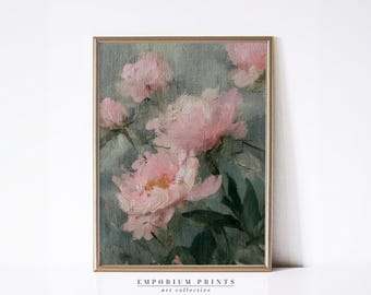 ピンクの花の絵画：質感のある油絵の花、ヴィンテージロマンティック