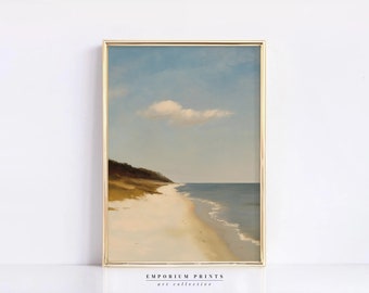 Gedempte kustschildering, vintage neutrale strandafdruk, vintage kustschildering, kustboerderij kunstdecor, afdrukbare digitale kunst