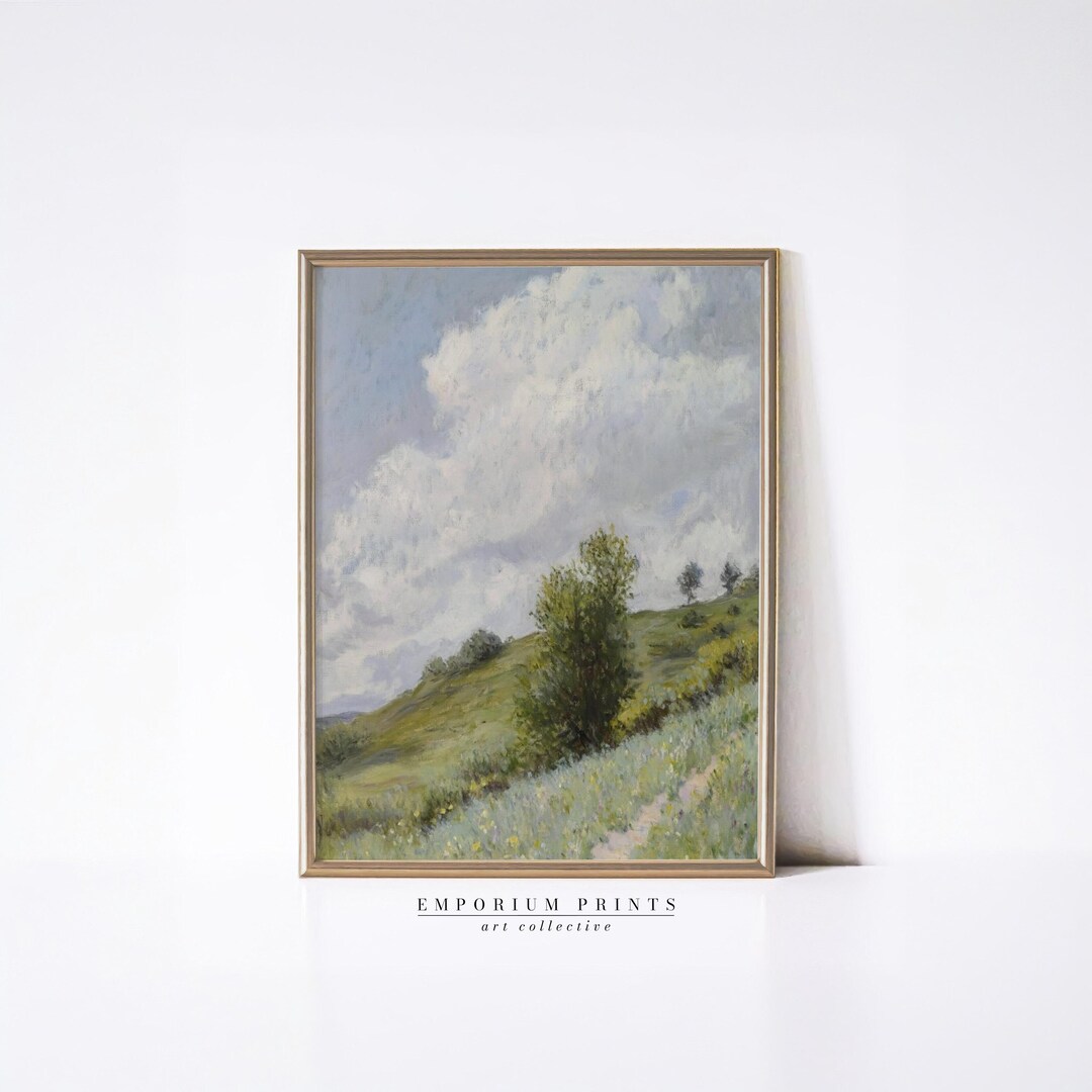 Spring Hillside Landscape: Dramatic Cloud Sky Countryside Painting Art ...