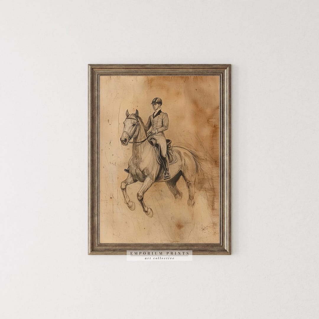 Equestrian Portrait Sketch Print | Vintage Horse Rider Wall Art ...