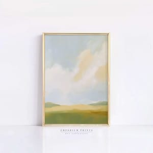 Minimalist Landscape Digital Print | Soft Green and Beige Wall Art | Neutral Abstract Nature Painting for Living Room Decor