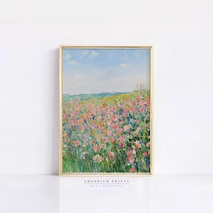 Sommer Wildblumen Wiese Leinwanddruck - Vintage Cottage Kunst für Bauernhaus Dekor, druckbare Frühlingslandschaft Poster
