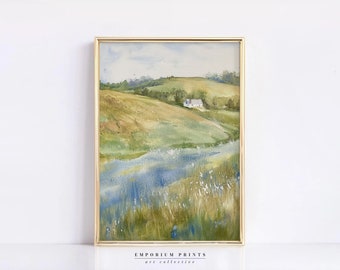 Vintage Landscape Watercolor Painting Downloadable Print | Cottage Core Decor Neutral Wall Art | Print On Demand Downloadable Art