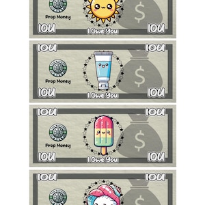 Summer Themed Prop Money Cash Stuffing Play Money Placeholder Cash | 0.25, 0.50, 1 ,5 ,10 ,20 ,50 ,100, 500, 1000, IOU, Fully Funded Bills