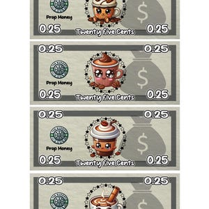 Cute Coffee Prop Money | Cash Stuffing Play Money Placeholder Cash | 0.25, 0.50, 1 ,5 ,10 ,20 ,50 ,100, 500, 1000, IOU, Fully Funded Bills