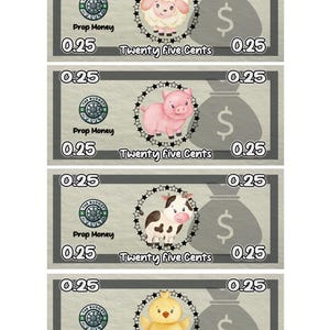Barn Animals Prop Money | Cash Stuffing Play Money Placeholder Cash | 0.25, 0.50, 1 ,5 ,10 ,20 ,50 ,100, 500, 1000, IOU, Fully Funded Bills