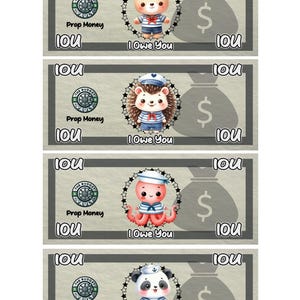 Nautical Animal Prop Money Cash Stuffing Play Money Placeholder Cash | 0.25, 0.50, 1 ,5 ,10 ,20 ,50 ,100, 500, 1000, IOU, Fully Funded Bills