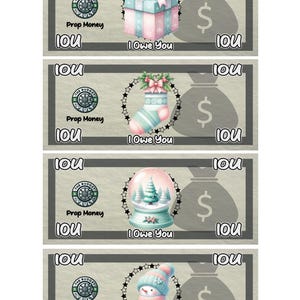 Christmas Prop Money Cash Stuffing Play Money Placeholder Cash | 0.25, 0.50, 1 ,5 ,10 ,20 ,50 ,100, 500, 1000, IOU, Fully Funded Bills