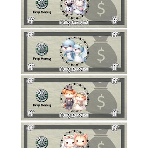 May include: Four prop money bills with cartoon animal couples. Each bill features a different pair: zebras, dolphins, dogs, and cats. The bills have a gray background with a money bag and dollar sign.