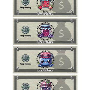 Cute Jam Prop Money | Cash Stuffing Play Money Placeholder Cash | 0.25, 0.50, 1 ,5 ,10 ,20 ,50 ,100, 500, 1000, IOU, Fully Funded Bills