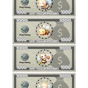 Cute Bee Prop Money Cash Stuffing Play Money Placeholder Cash | 0.25, 0.50, 1 ,5 ,10 ,20 ,50 ,100, 500, 1000, IOU, Fully Funded Bills