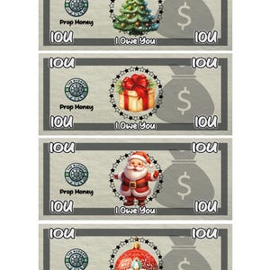 Christmas Prop Money Cash Stuffing Play Money Placeholder Cash | 0.25, 0.50, 1 ,5 ,10 ,20 ,50 ,100, 500, 1000, IOU, Fully Funded Bills