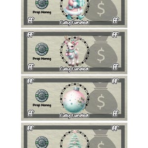 Christmas Prop Money Cash Stuffing Play Money Placeholder Cash | 0.25, 0.50, 1 ,5 ,10 ,20 ,50 ,100, 500, 1000, IOU, Fully Funded Bills