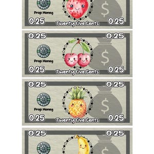 Cute Fruits Prop Money | Cash Stuffing Play Money Placeholder Cash | 0.25, 0.50, 1 ,5 ,10 ,20 ,50 ,100, 500, 1000, IOU, Fully Funded Bills