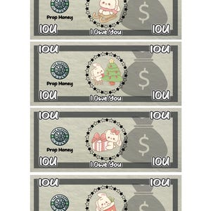 Christmas Bunny Prop Money Cash Stuffing Play Money Placeholder Cash | 0.25, 0.50, 1 ,5 ,10 ,20 ,50 ,100, 500, 1000, IOU, Fully Funded Bills