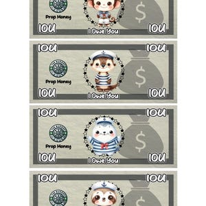 Nautical Animal Prop Money Cash Stuffing Play Money Placeholder Cash | 0.25, 0.50, 1 ,5 ,10 ,20 ,50 ,100, 500, 1000, IOU, Fully Funded Bills