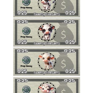 Baby Cow Prop Money | Cash Stuffing Play Money Placeholder Cash | 0.25, 0.50, 1 ,5 ,10 ,20 ,50 ,100, 500, 1000, IOU, Fully Funded Bills