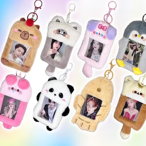 Plush Animals Photocard Holder - Kpop Card Display Keychain, Transport Pass ID Holder for Students, Cute Idol Fluffy Girly Gift - CottonKoko