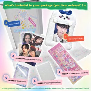 Visual breakdown of the CottonKoko package contents, including the chosen photocard holder, random freebie fanmade photocards, a PP photocard sleeve, an acrylic top loader, and a random sticker sheet. Nicely packed for gifting by CottonKoko.