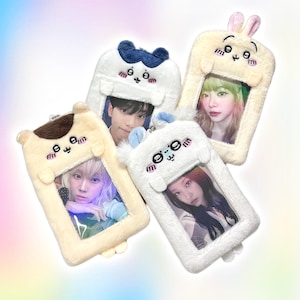 Hachiware Photocard Holder - Pastel Aesthetic Plush Keychain, Kurimanju Momonga Usagi Card Case, Cute Transport Kpop ID Holder - CottonKoko