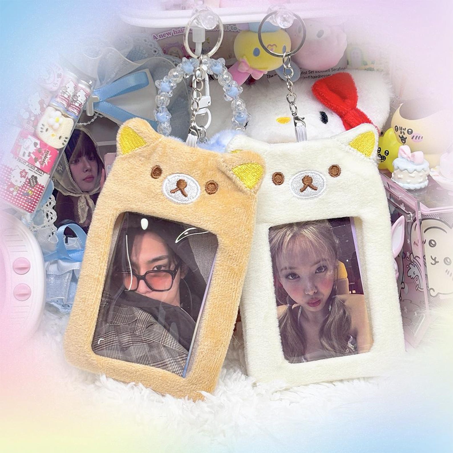 Rilakkuma Photocard Holder - Pastel Aesthetic Plush Keychain, Trading Card Case Trinket, Cute Transport Kpop Student ID Holder