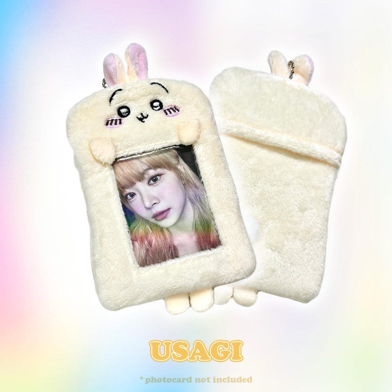 Usagi bunny photocard holder in cream-colored plush, featuring adorable pink ears and a transparent window for displaying cards or IDs. Includes a keychain by CottonKoko.