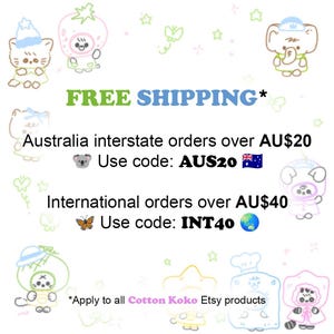 Announcement of CottonKoko's free shipping for interstate orders over AU$20 and international orders over AU$40, applicable to all products.