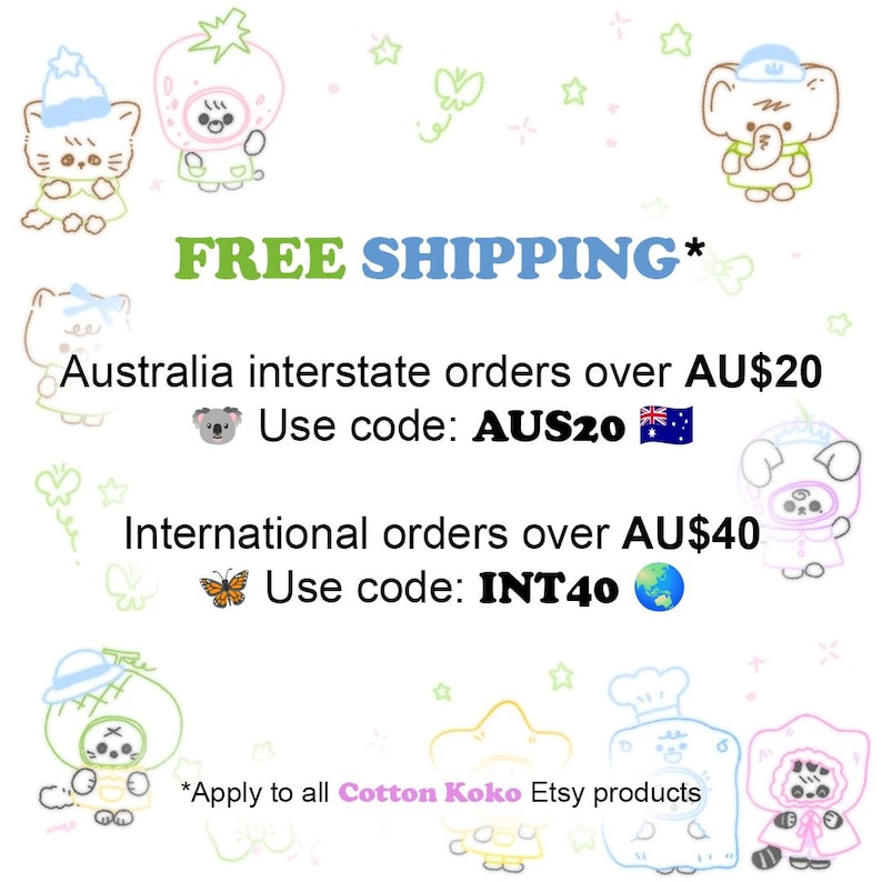 Announcement of CottonKoko's free shipping for interstate orders over AU$20 and international orders over AU$40, applicable to all products.