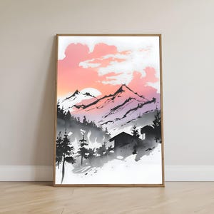 Pink Sunset Mountain Print: Cabin in Woods Landscape (Digital Download