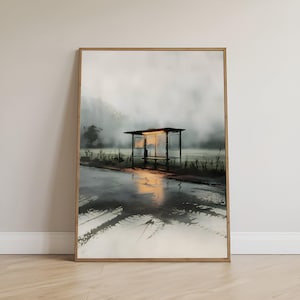 Rainy Night Bus Stop Painting: Moody Minimalist Art (Digital Download
