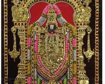 May include: A detailed, gold-colored religious painting featuring a central figure adorned with intricate jewelry and a crown. The figure is set against a red backdrop, framed by ornate gold pillars and archways. Pink and green garlands add color.