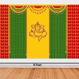 May include: A yellow, red, and green backdrop with a floral garland and a depiction of the Hindu deity Ganesha. The backdrop is 8 feet wide and 5 feet tall.