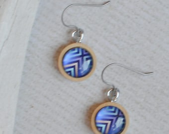 Blue Geometric Glass Earrings- Titanium Dangle Earrings- Lightweight Chevron Jewelry- Round Wood Dangles- Hypoallergenic Gift Under 20