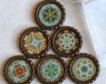 Kaleidoscope Magnets- Mandala Fridge Magnets- Refrigerator Magnets, Fridge Magnet,  Brown, Teal, Orange Magnets, Set of 6 with Gift Bag