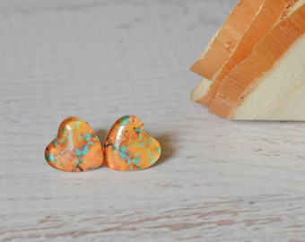Orange & Teal Heart Earrings- Glass Earring Posts- Titanium Studs- Heart Gift- Upcycled Paper Earrings- Hypoallergenic Jewelry- OOAK