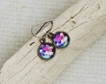 Southwest Dangle Earrings- Colorful Tribal Titanium Earrings- Round Glass Dangles- Small Short Dangles- Southwest Jewelry- Tribal Pattern